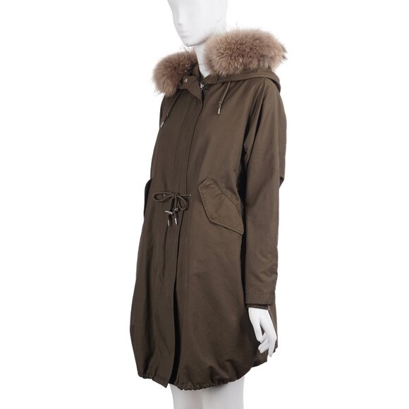 URBAN RESEARCH Rosso Women Jacket M/L Green Hooded Raccoon Fur Trim Anorak Parka - Picture 2 of 14